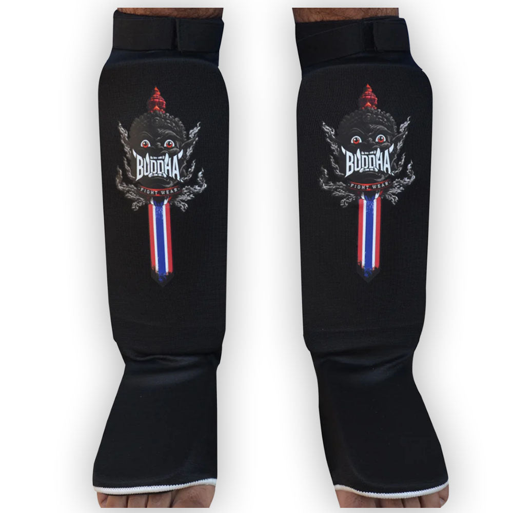 Caneleiras de treino e competição de Kickboxing e Muay Thai de meia Buddha. Elásticas, pretas. 