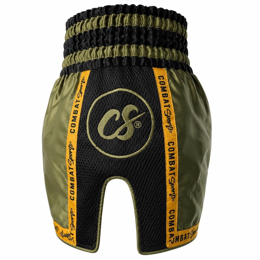 Calções ECO Combatsports verdes em cetim para crianças, vista de lado.