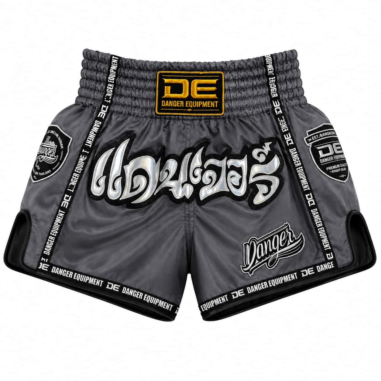 Calções Muay Thai e Kickboxing Danger cinzentos vista frontal