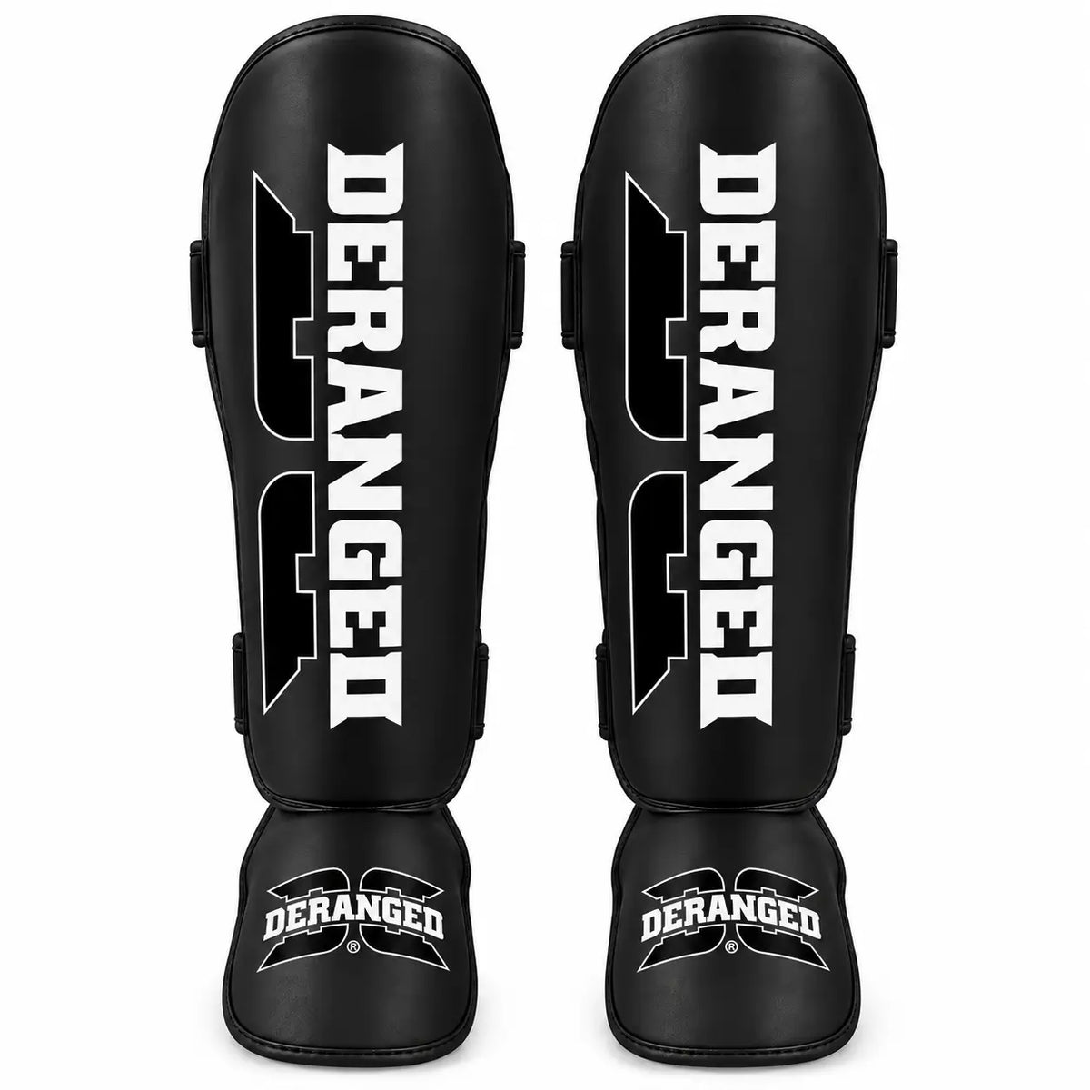 Caneleiras de Kickboxing e Muay Thai Deranged pretas com o logótipo branco, imagem do par, proteção dupla no interior