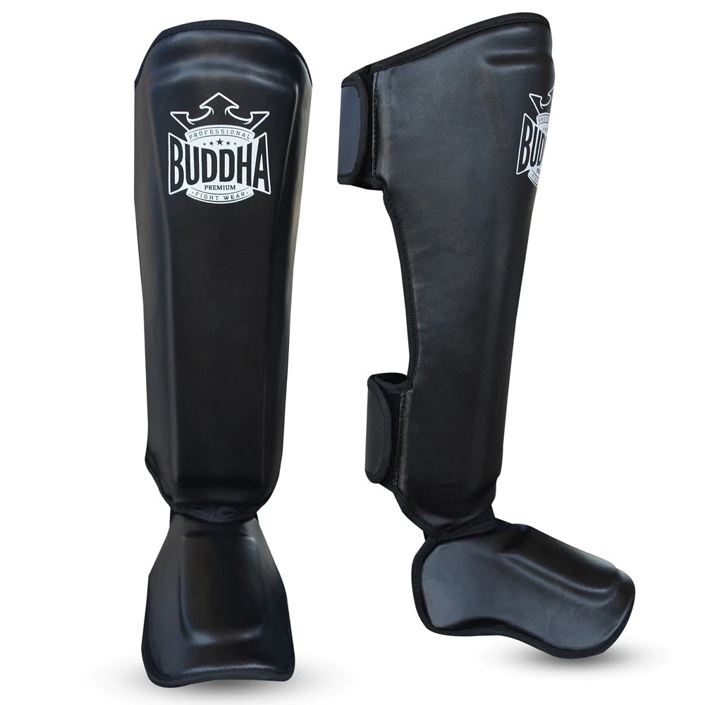 Caneleiras de treino de Kickboxing e Muay Thai para crianças Buddha, pretas, proteção extra.
