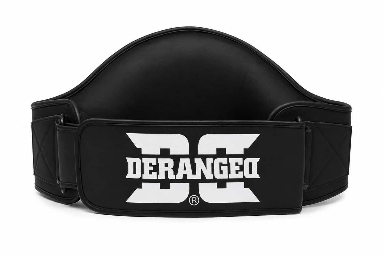 Detalhe do fecho em velcro do cinturão e protector ventral Deranged preto