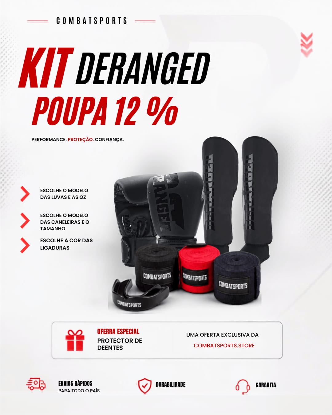 Kit DERANGED — Luvas, Caneleiras e Ligaduras