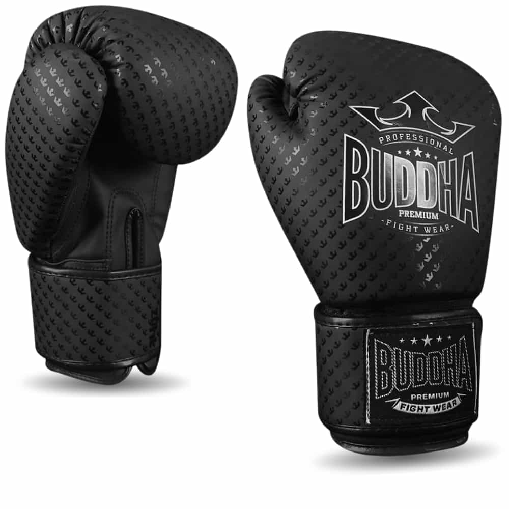 Luvas de Boxe, Kickboxing e Muay Thai Buddha Titanium, pretas mate semi -pele, perspectiva de frente da palma da mão e do polegar em detalhe