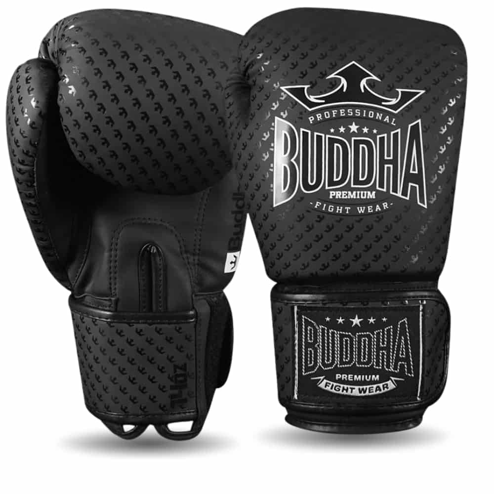 Luvas de Boxe, Kickboxing e Muay Thai Buddha Titanium, pretas mate semi -pele, perspectiva de frente da palma da mão, detalhe do velcro