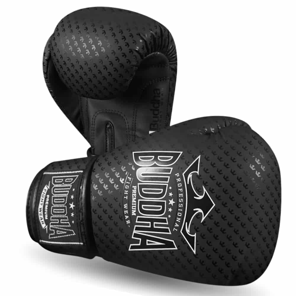 Luvas de Boxe, Kickboxing e Muay Thai Buddha Titanium, pretas mate semi -pele, vista em perspectiva 