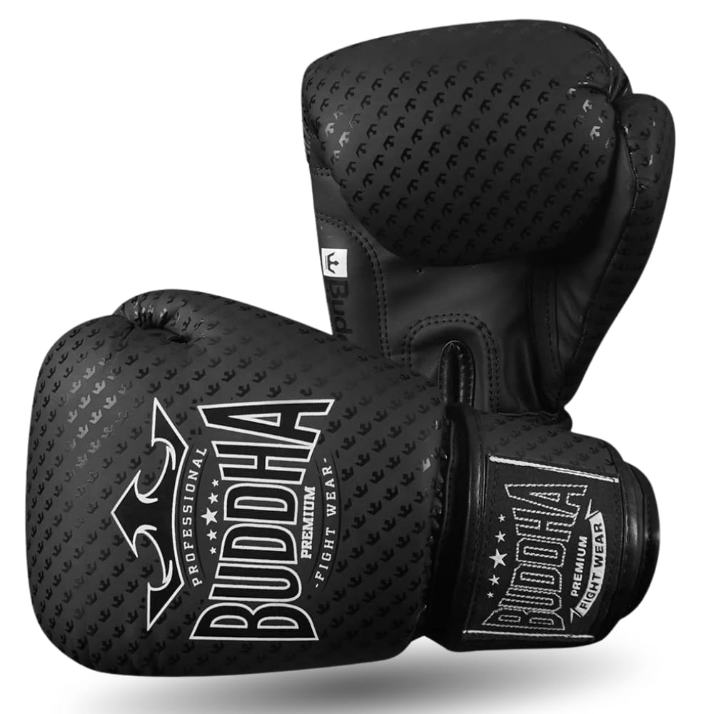 Luvas de Boxe, Kickboxing e Muay Thai Buddha Titanium, pretas mate semi -pele, perspectiva de frente da palma da mão em detalhe