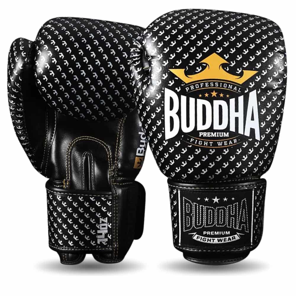 Luvas de Boxe, Kickboxing e Muay Thai Buddha Titanium, pretas semi -pele, perspectiva de frente a palma da mão, detalhe do velcro