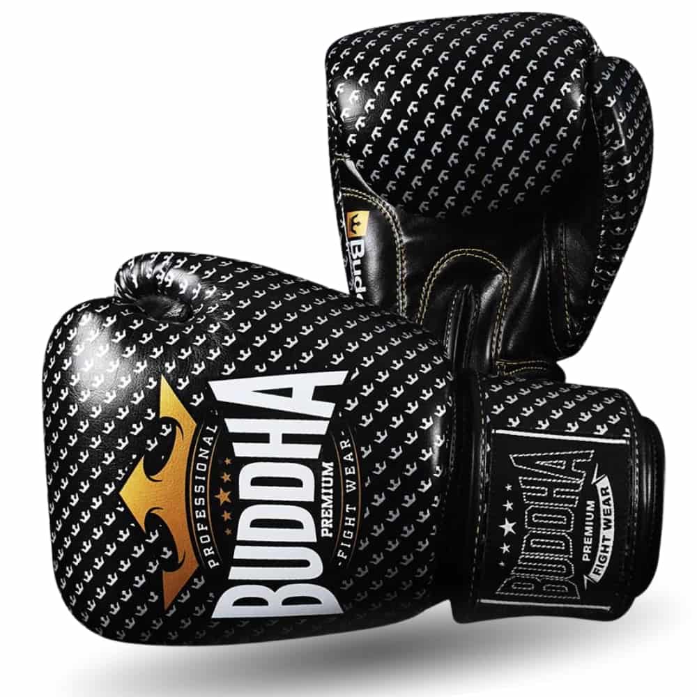 Luvas de Boxe, Kickboxing e Muay Thai Buddha Titanium, pretas semi -pele, perspectiva de frente da palma da mão em detalhe