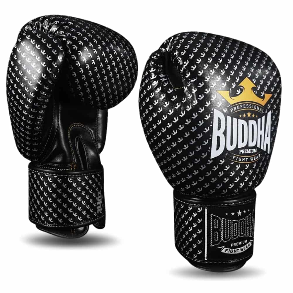 Luvas de Boxe, Kickboxing e Muay Thai Buddha Titanium, pretas semi -pele, perspectiva de frente e  trás