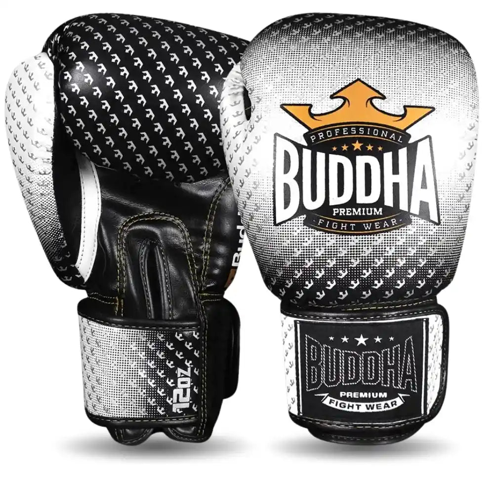 Luvas de Boxe, Kickboxing e Muay Thai Buddha Titanium, pretas e brancas, semi -pele, perspectiva de frente da palma da mão.