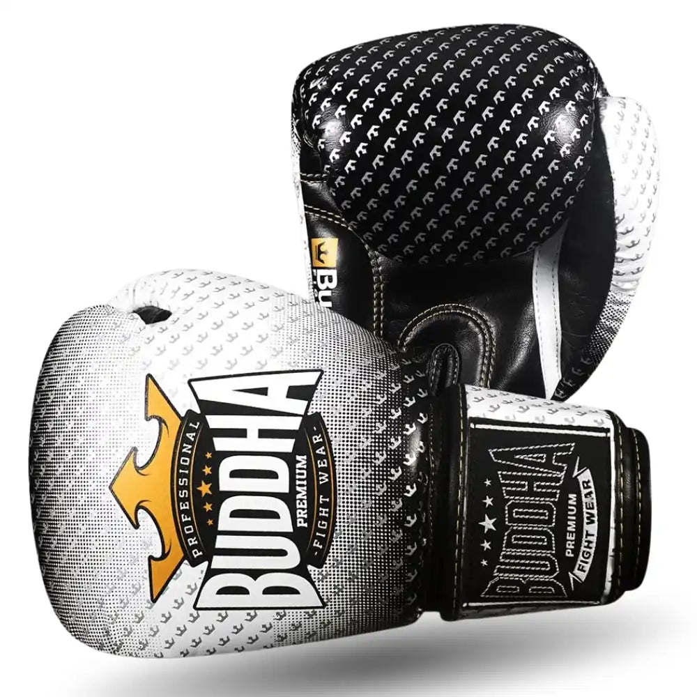 Luvas de Boxe, Kickboxing e Muay Thai Buddha Titanium, pretas e brancas, semi -pele, perspectiva de frente da palma da mão em detalhe