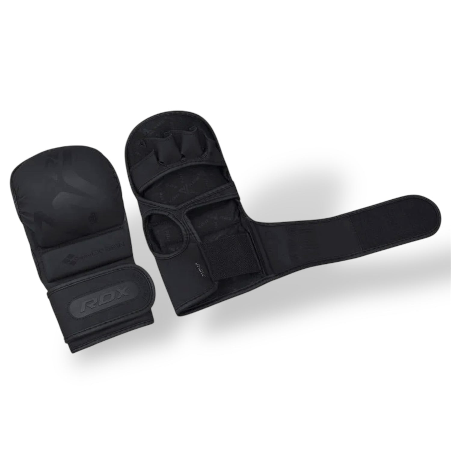 Luvas de treino RDX pretas com palma da mão aberta e punho com velcro