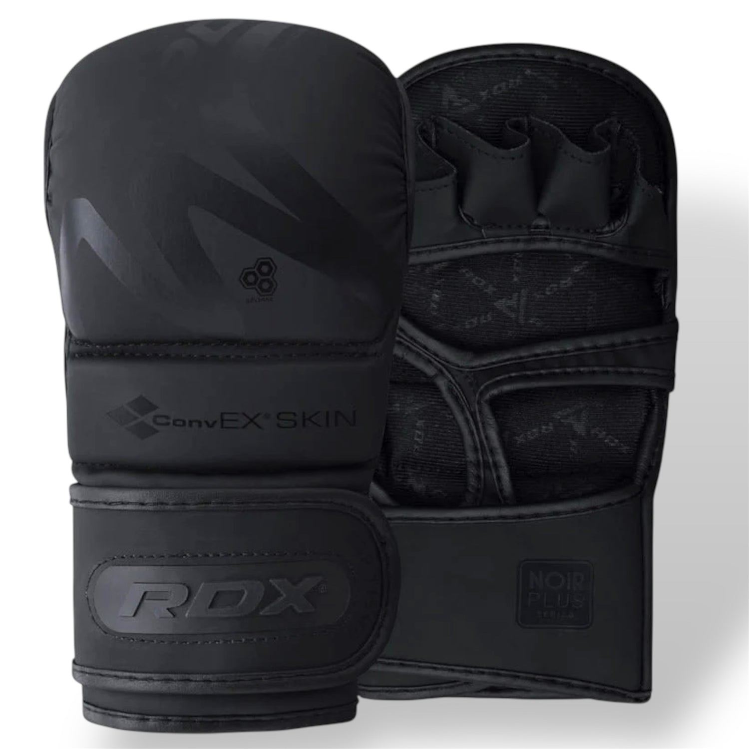 Luvas de treino RDX pretas com palma aberta e proteção para punho