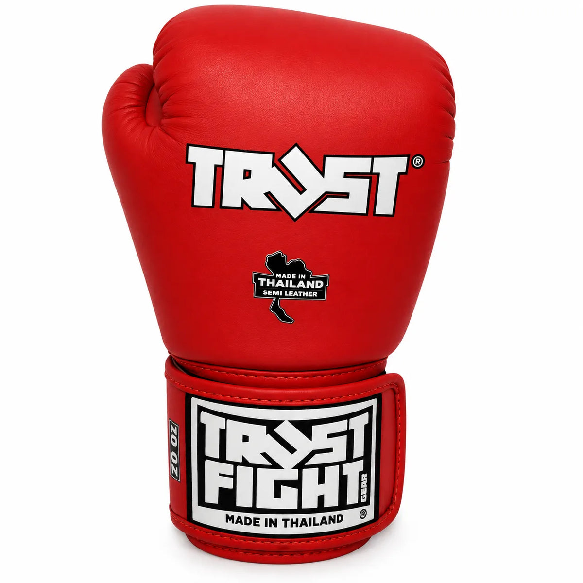 Luvas TRUST vermelhas para kickboxing, vista frontal, feitas na Tailândia
