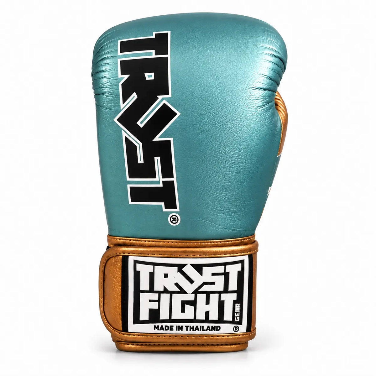 Luvas TRUST Squire Viridian Metallic para kickboxing, vista de frente, Luvas feitas na Tailândia.