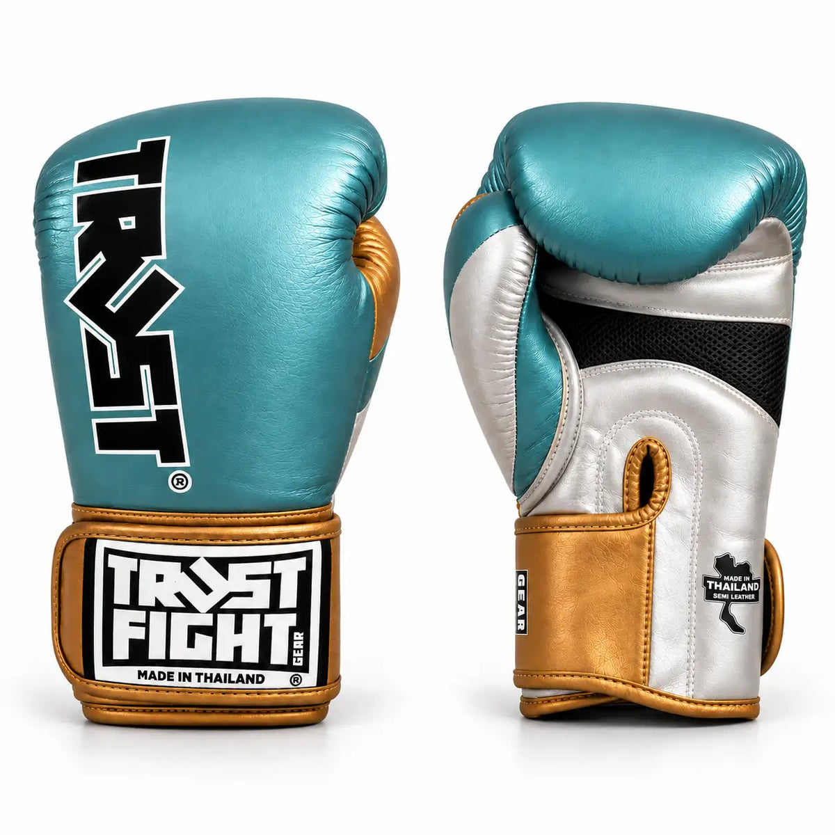 Luvas TRUST Squire Viridian Metallic para kickboxing, vista das 2 perspectivas das luvas, frente e verso