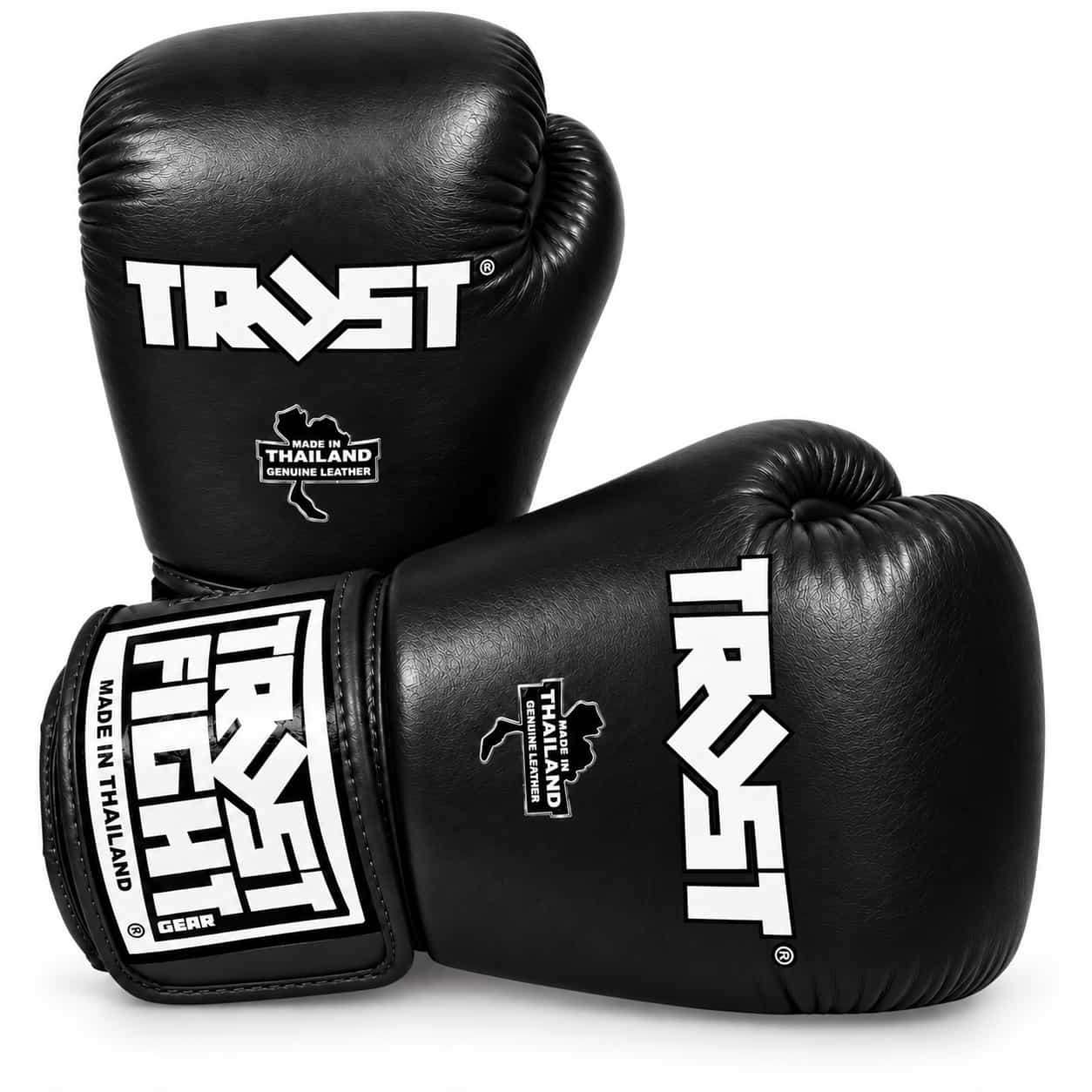 Luvas TRUST Icon pretas de pele para kickboxing, vista do par com detalhes dos acabamentos 