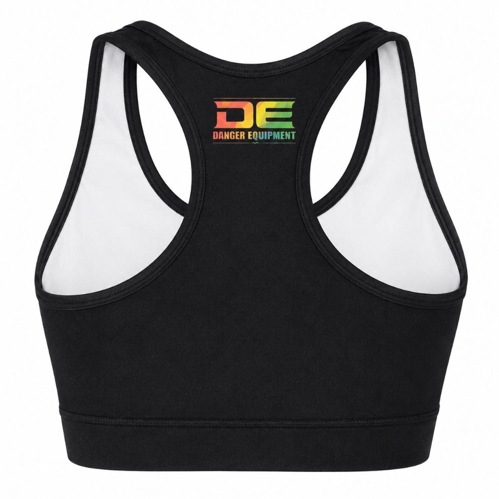 Top desportivo Danger Equipment preto visto de costas, corte racerback