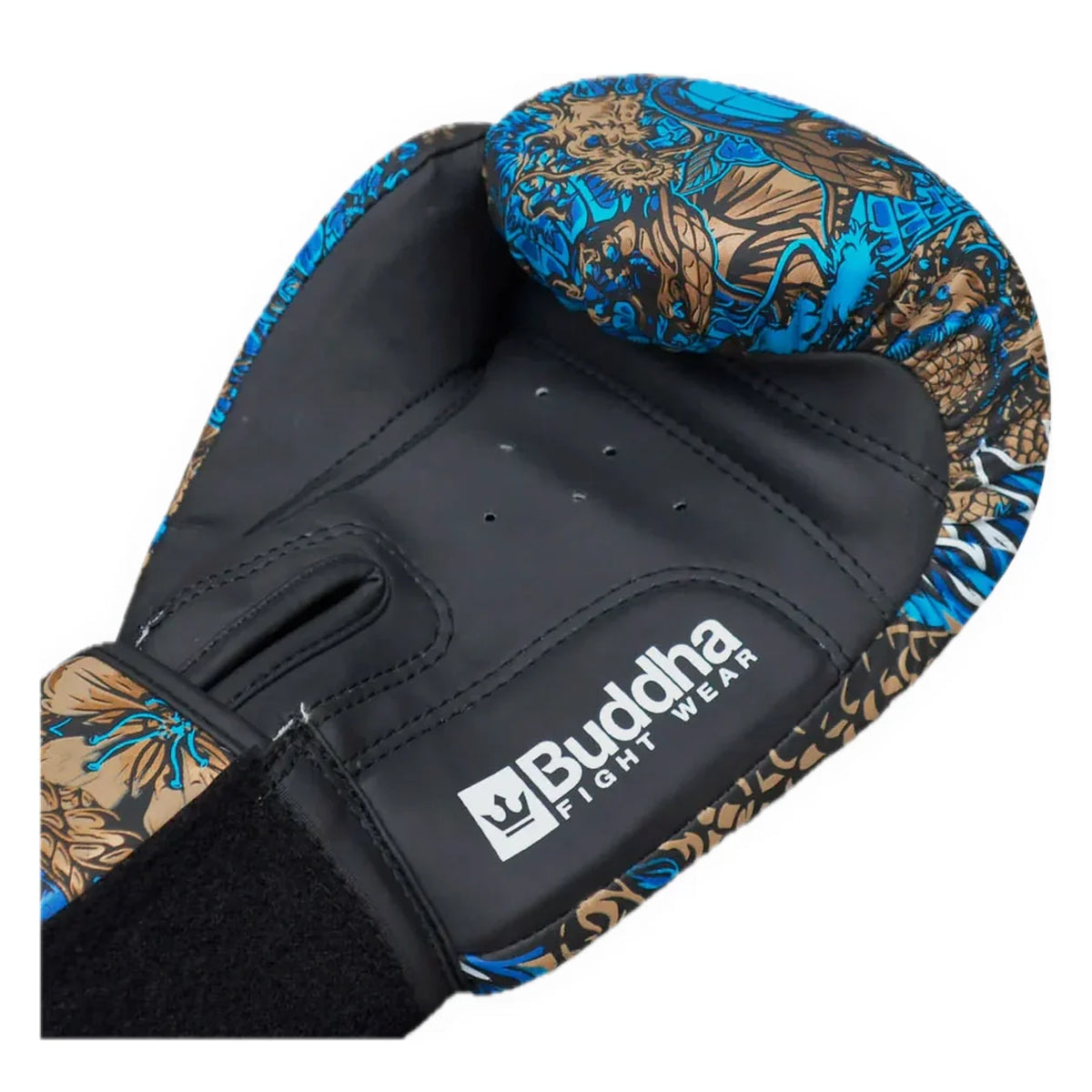 Luvas de Boxe, Kickboxing e Muay Thai BUDDHA Dragon azuis - vista da palma e punho