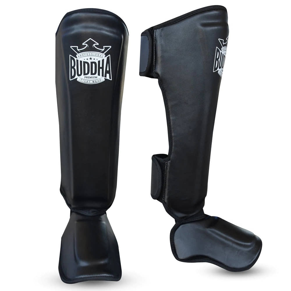 Caneleiras BUDDHA EPIC pretas para Kickboxing e Muay Thai, vistas de frente e de lado