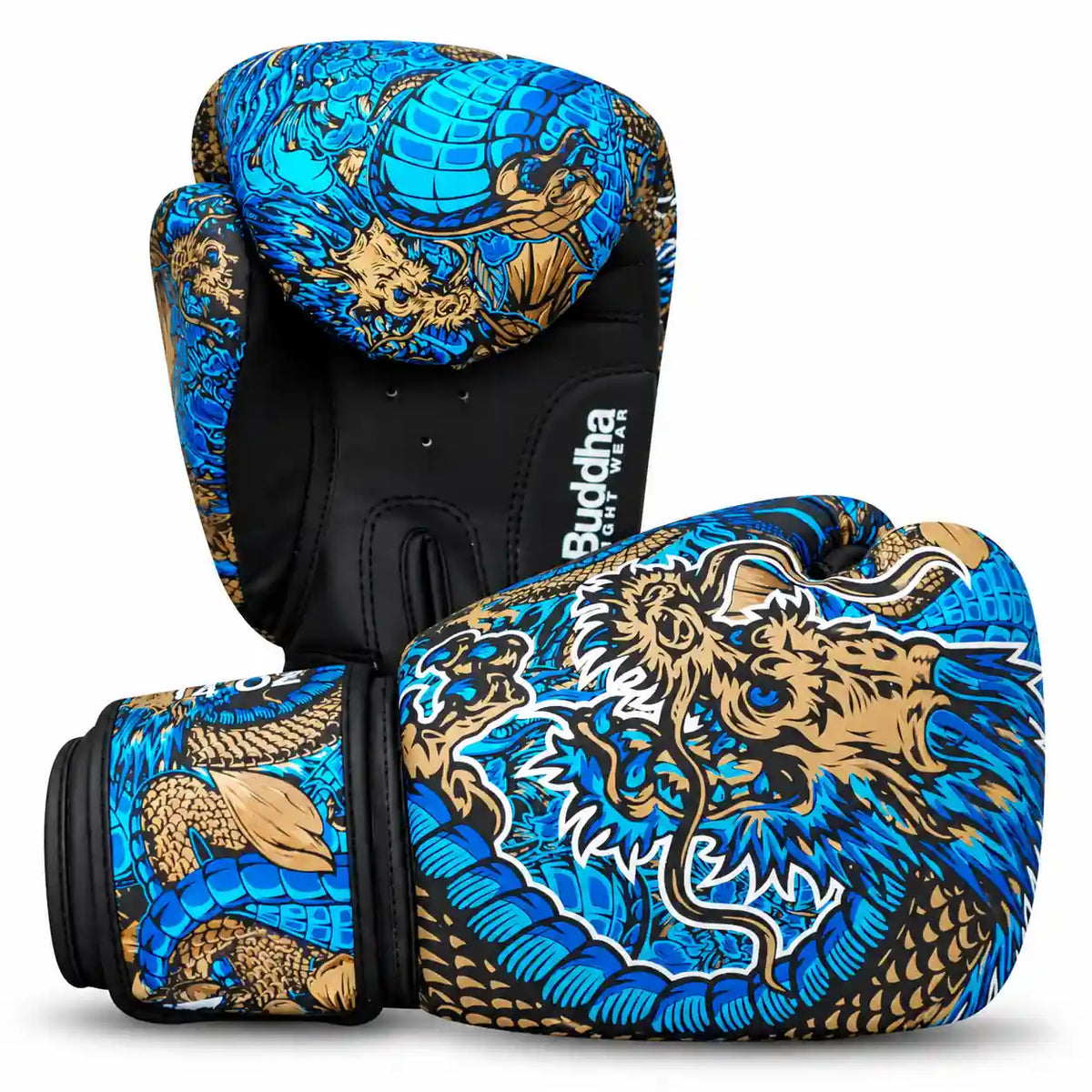 Luvas de Boxe, Kickboxing e Muay Thai BUDDHA Dragon azuis - detalhe da palma e punho
