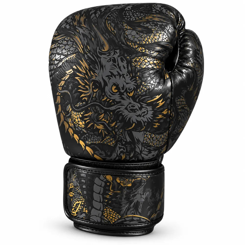 Luvas de boxe BUDDHA Dragon pretas - vista frontal e detalhe do design